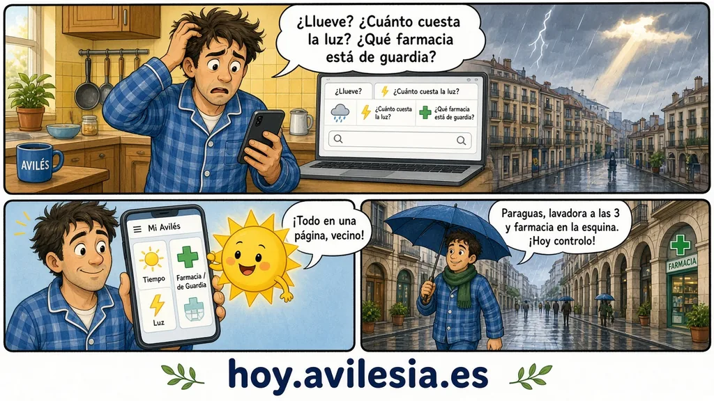 Tira cómica en tres viñetas. En la primera, un vecino en pijama, despeinado, mira el móvil en la cocina y se pregunta: «¿Llueve? ¿Cuánto cuesta la luz? ¿Qué farmacia está de guardia?». En la segunda, el móvil enseña el tiempo, la luz y la farmacia de guardia, y un sol sonriente le dice: «¡Todo en una página, vecino!». En la tercera, sale con paraguas por una calle con soportales bajo la lluvia, junto a una farmacia: «Paraguas, lavadora a las 3 y farmacia en la esquina. ¡Hoy controlo!». Abajo pone hoy.avilesia.es.